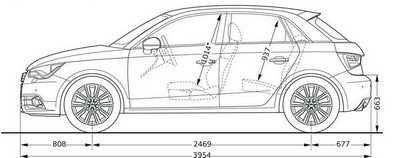 
Prsentation des principales dimensions caractristiques de l'Audi Q3. Lgrement plus courte qu'un VW Tiguan, et 20 cm de moins que l'Audi Q5.
 